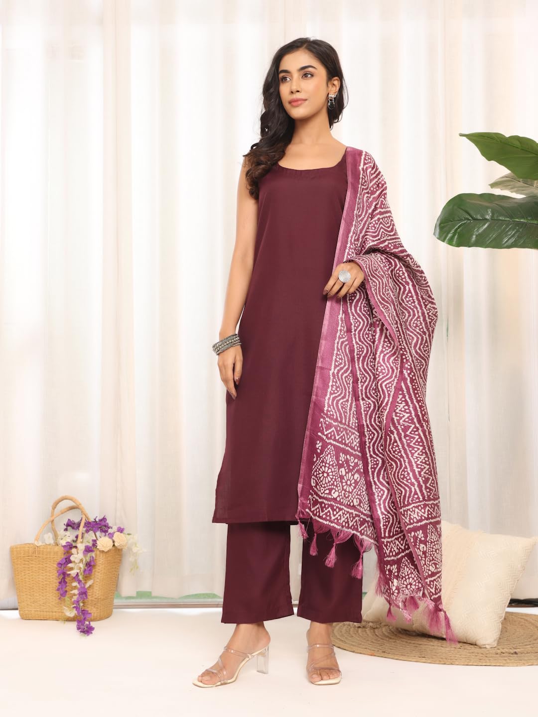 Varanga WomenS Violet Strap Kurta With Tonal Bottom & Printed Dupatta