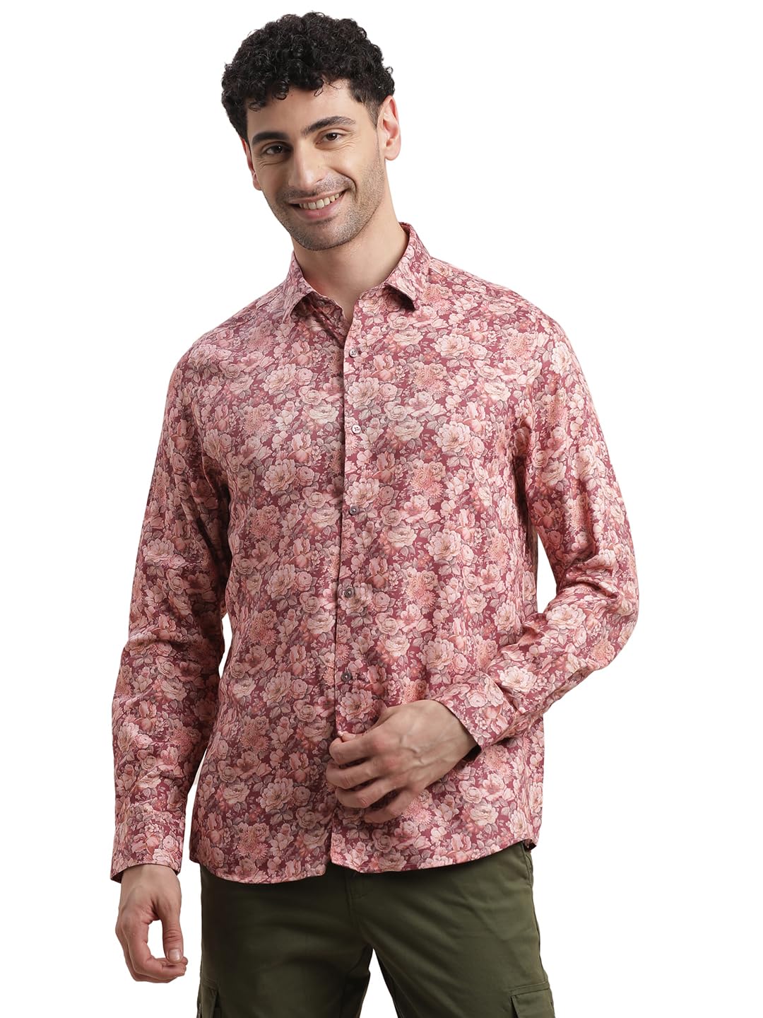 Turtle Men Cotton Tencel Slim Fit Light Maroon Printed Party Shirt