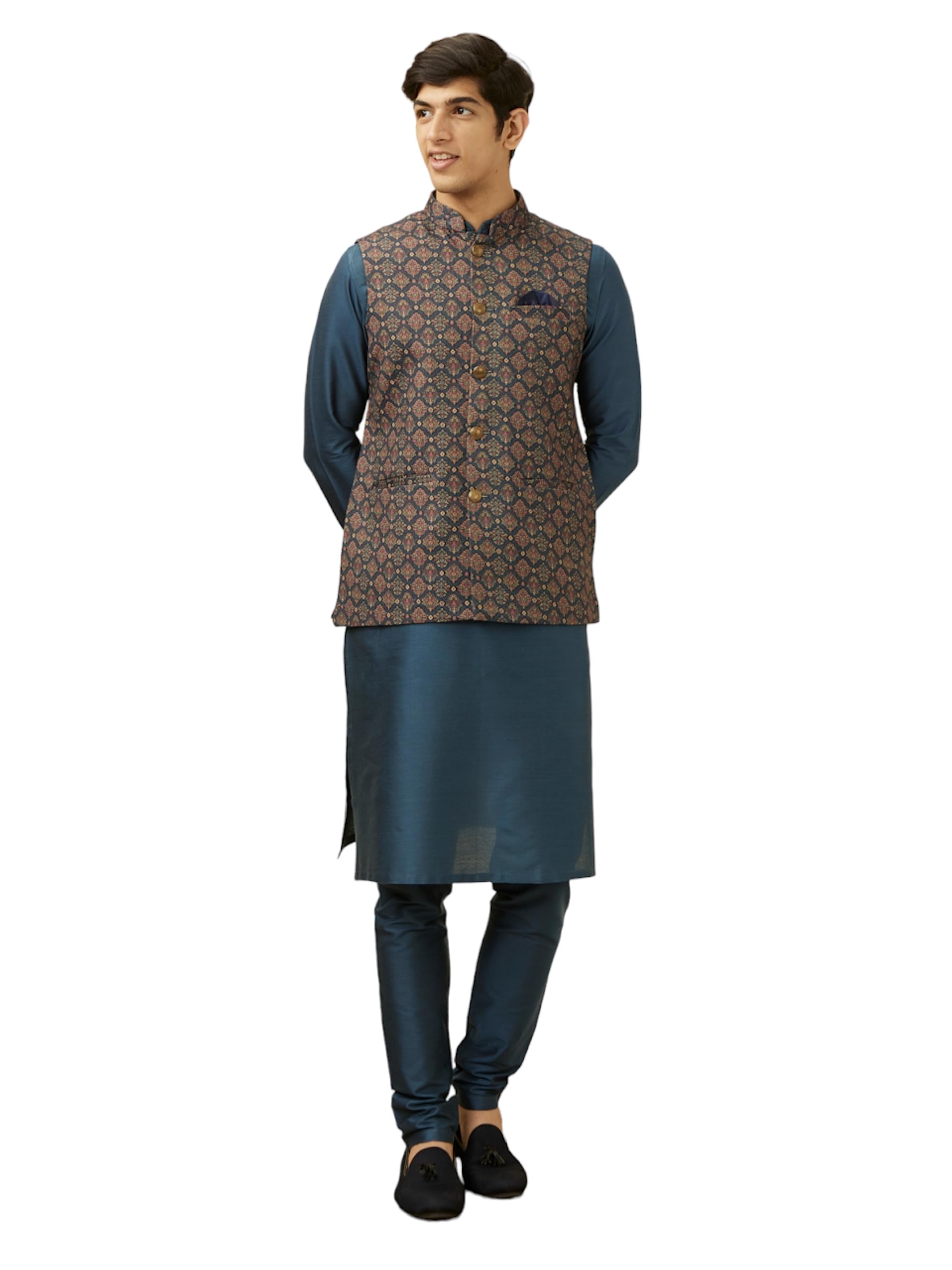 Manyavar Mens Blended Viscose Printed Sleeveless Casual,Traditional Nehru Jacket (Blue, XXL)