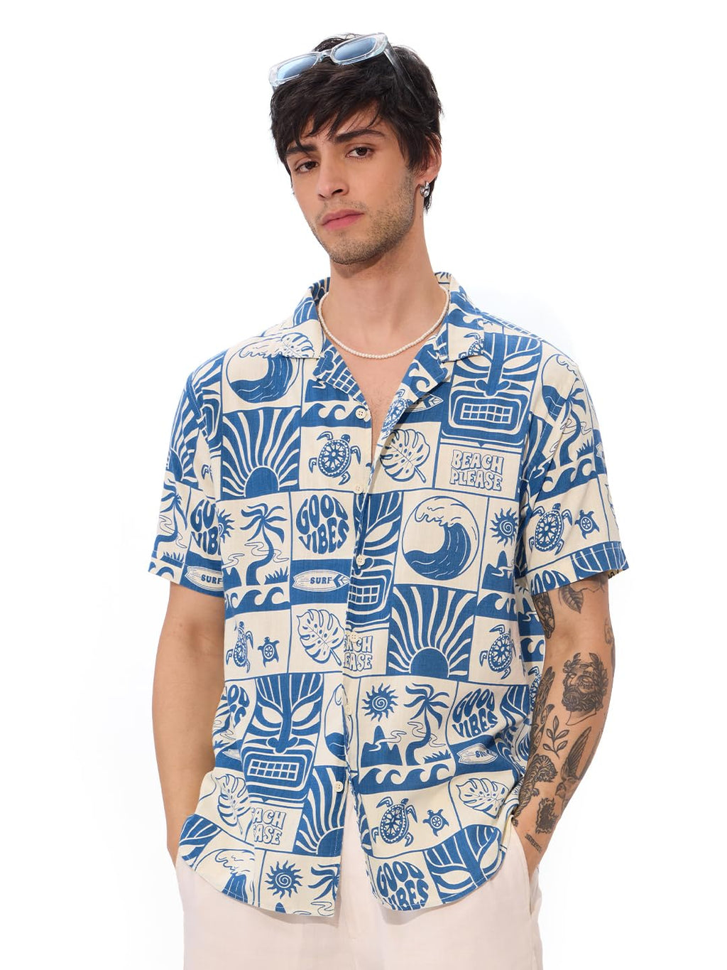 The Souled Store Summer Vibe Men and Boys Short Sleeves Collared Neck Button Front Blue and White All Over Printed Regular Fit C