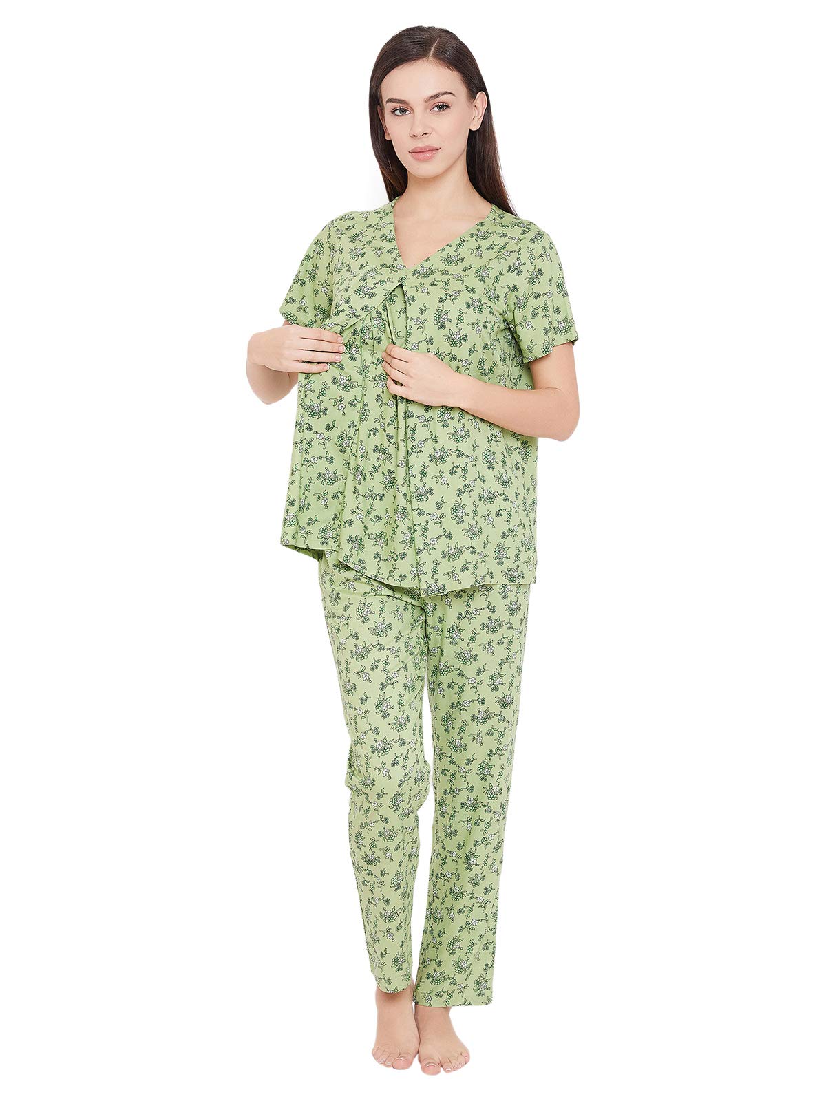 Clovia Womens Rayon Feeding Pretty Florals Top & Pyjama (LS0263A11_Green_XL)