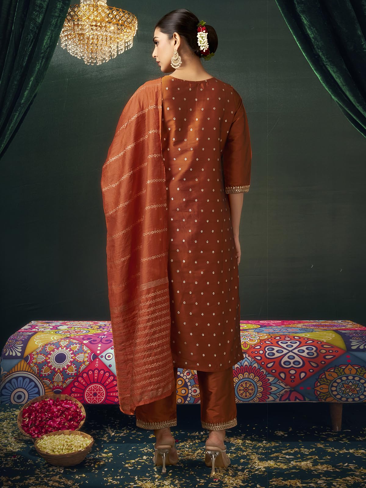 Sanisa Womens Silk Blend Jacquard and Sequins Embroidery Lace Straight Kurta with Pant and Dupatta Set