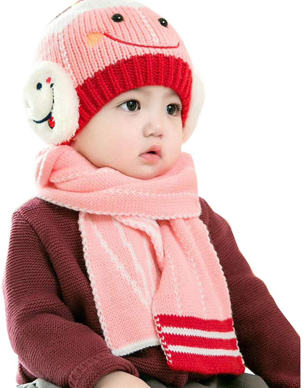 Syga Baby Girls Boys Cute Cap Hats And Scarf Set, 6 Months  3 Years Knit Warm Baby Winter Cap Hat Beanie Cap Hat_Pink, Circumfe 11
