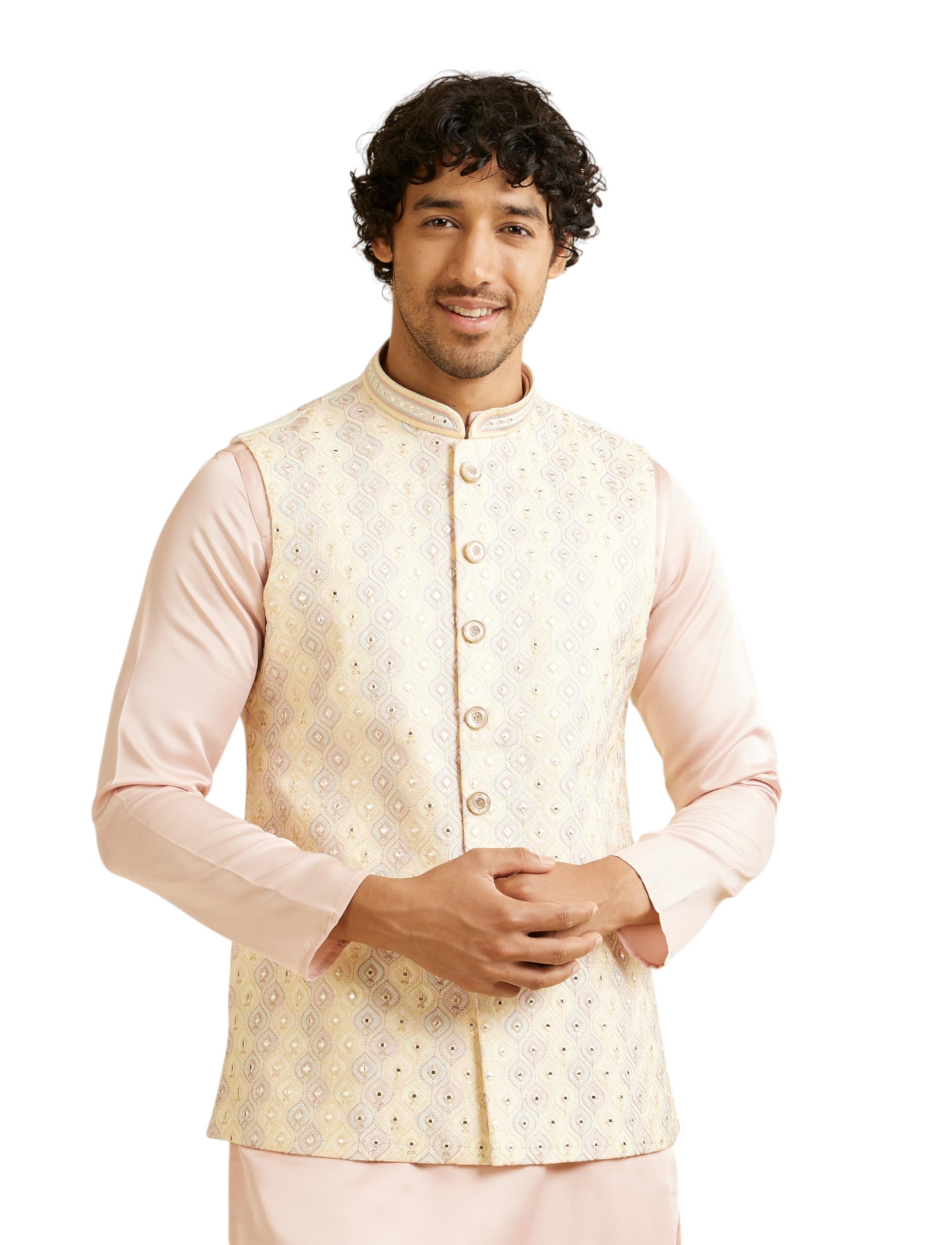 Manyavar MenS Art Silk Jaal Patterned Mirror Work Jacket (Beige,M)