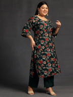 Extra Love By Libas Plus Size Womens Printed Silk Blend Straight Kurta With Palazzos And Dupatta