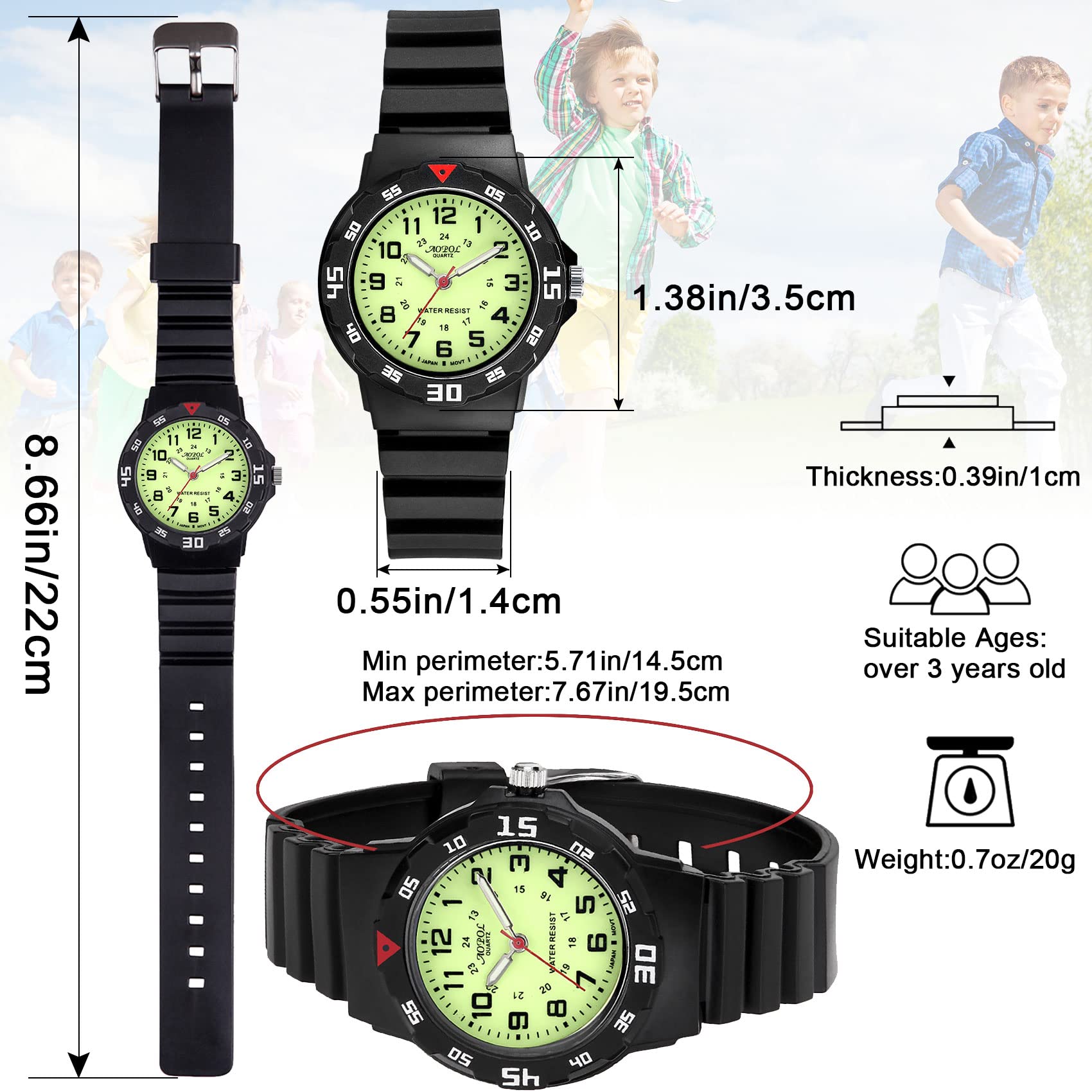 SOCICO Children Analog Watch Waterproof Time Teaching Boys Girls Watch Soft Band Learning Time Wrist Watch for Kids (Black - Flu