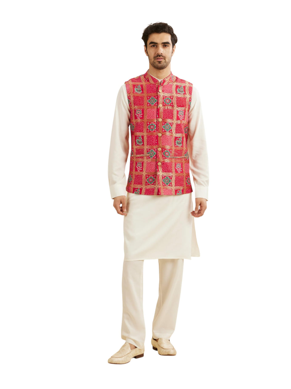 Manyavar Mens Art Silk Digital Print Kurta Jacket Set (Red,XL)