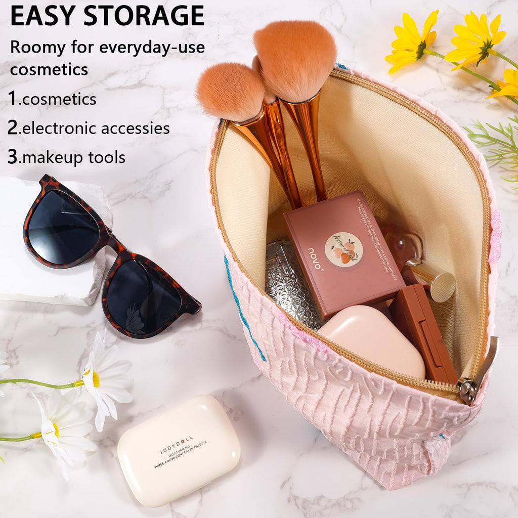ZLFSRQ Tulip Makeup Bag Travel Cute Pink Flower Floral Cosmetic Bags for Women Large Embroidery Makeup Pouch Zipper Cosmetic Pou