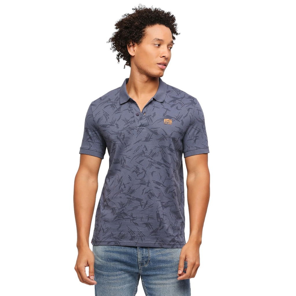 Pepe Jeans Men Cotton Regular Fit Printed Polo T-Shirts Union Blue, Medium