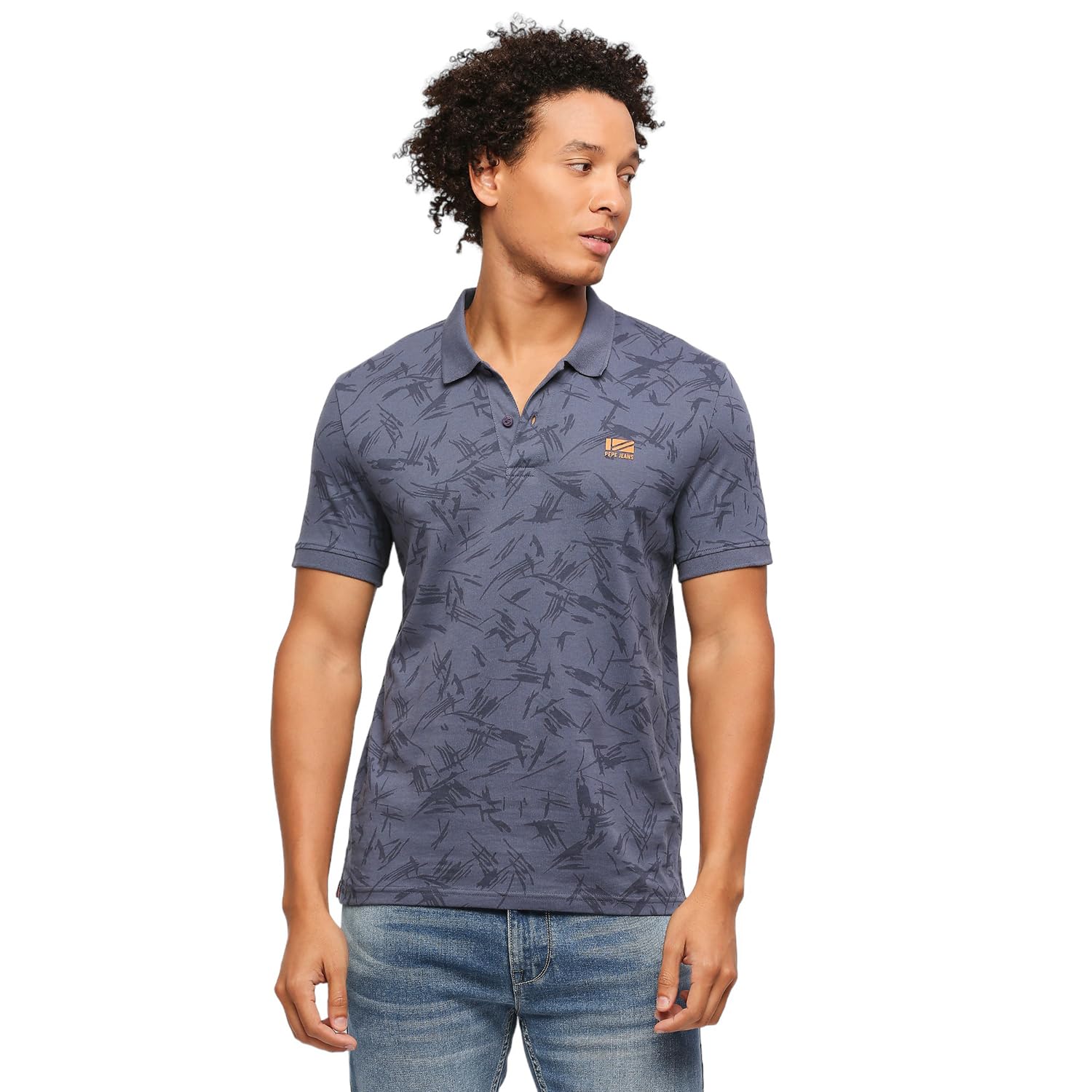 Pepe Jeans Men Cotton Regular Fit Printed Polo T-Shirts Union Blue, Medium