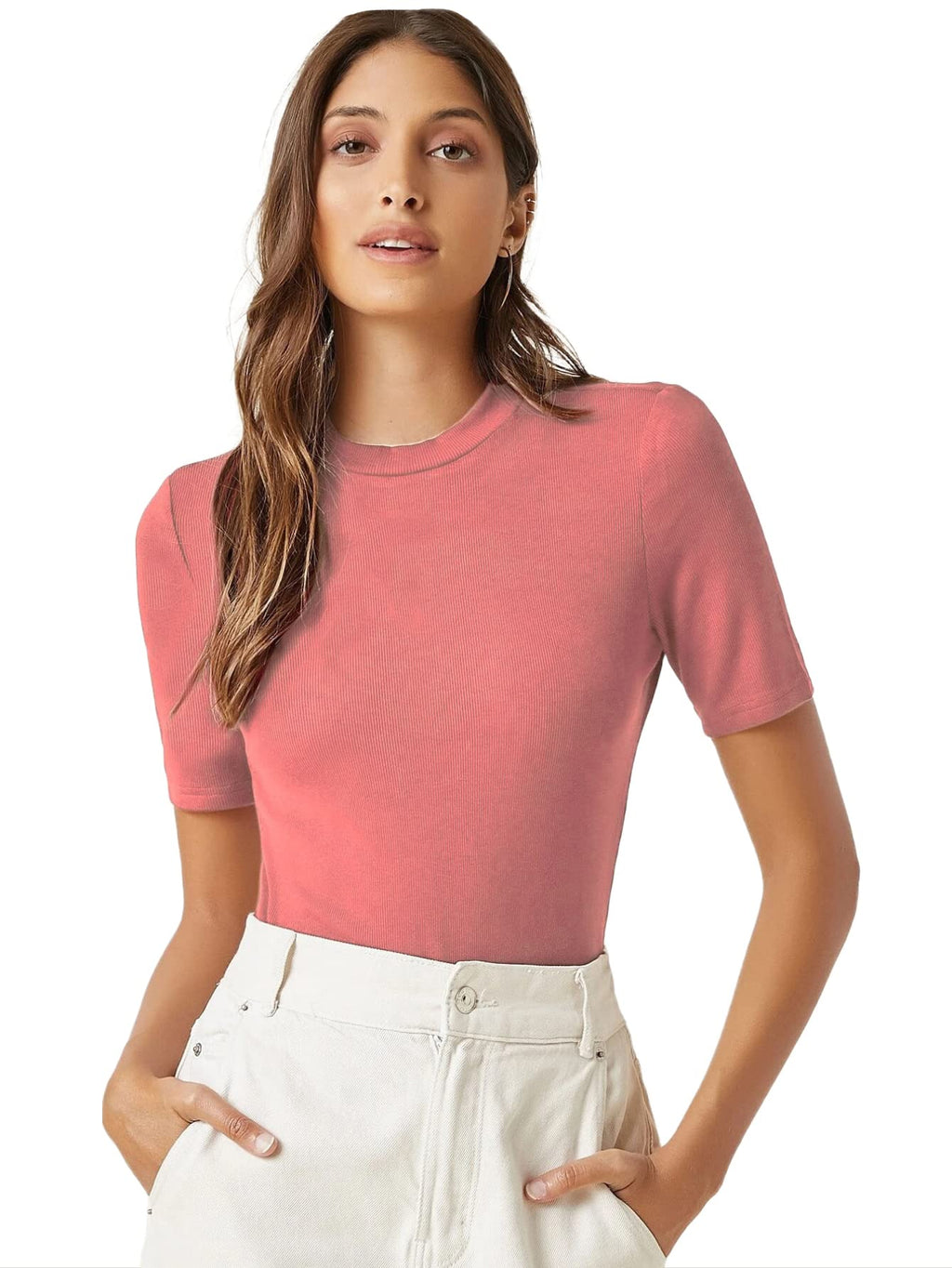 ANNI DESIGNER Womens Cotton Belnd Lycra Ribbed Solid Half Sleeve Round Neck Top (NTPR-Peach_XXL_Peach_XX-Large)