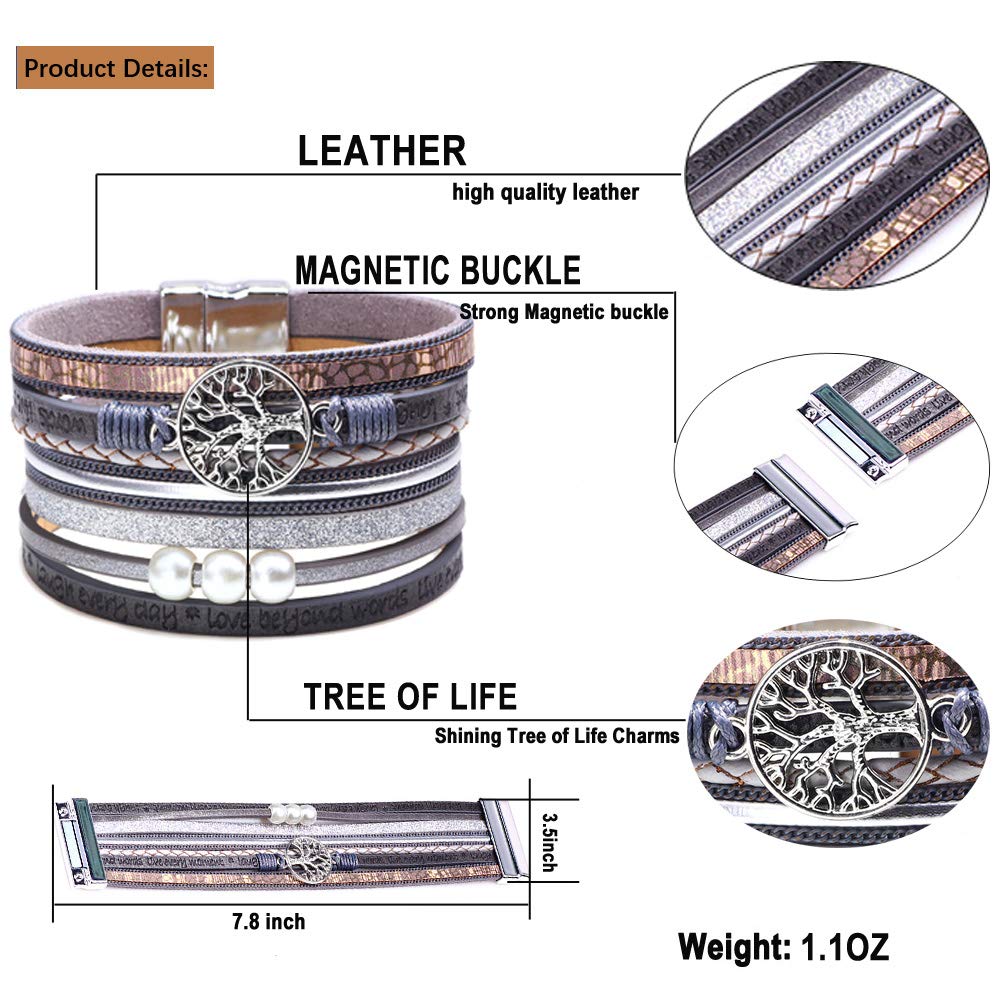 Mom Gifts, Grey Wrap Boho Leather Stacking Multilayer Wide Layered Buckle Family Tree of Life Mom Bracelets, Birthday Christmas