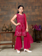 Aarika Girls Ethnic Wear Rani Colour Sequin Embroidery Georgette Kurti Sharara Set (4-10 Years)