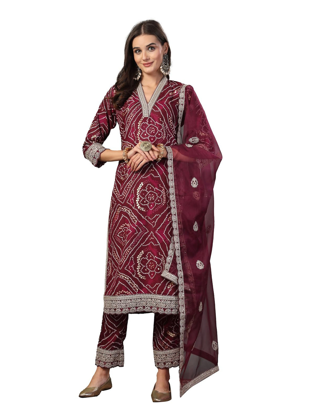 Stylum Womens Bandhani Print & Embroidered Muslin Straight Kurta Pant Dupatta Set (KPDVOILBANNO42_Violet, XL)