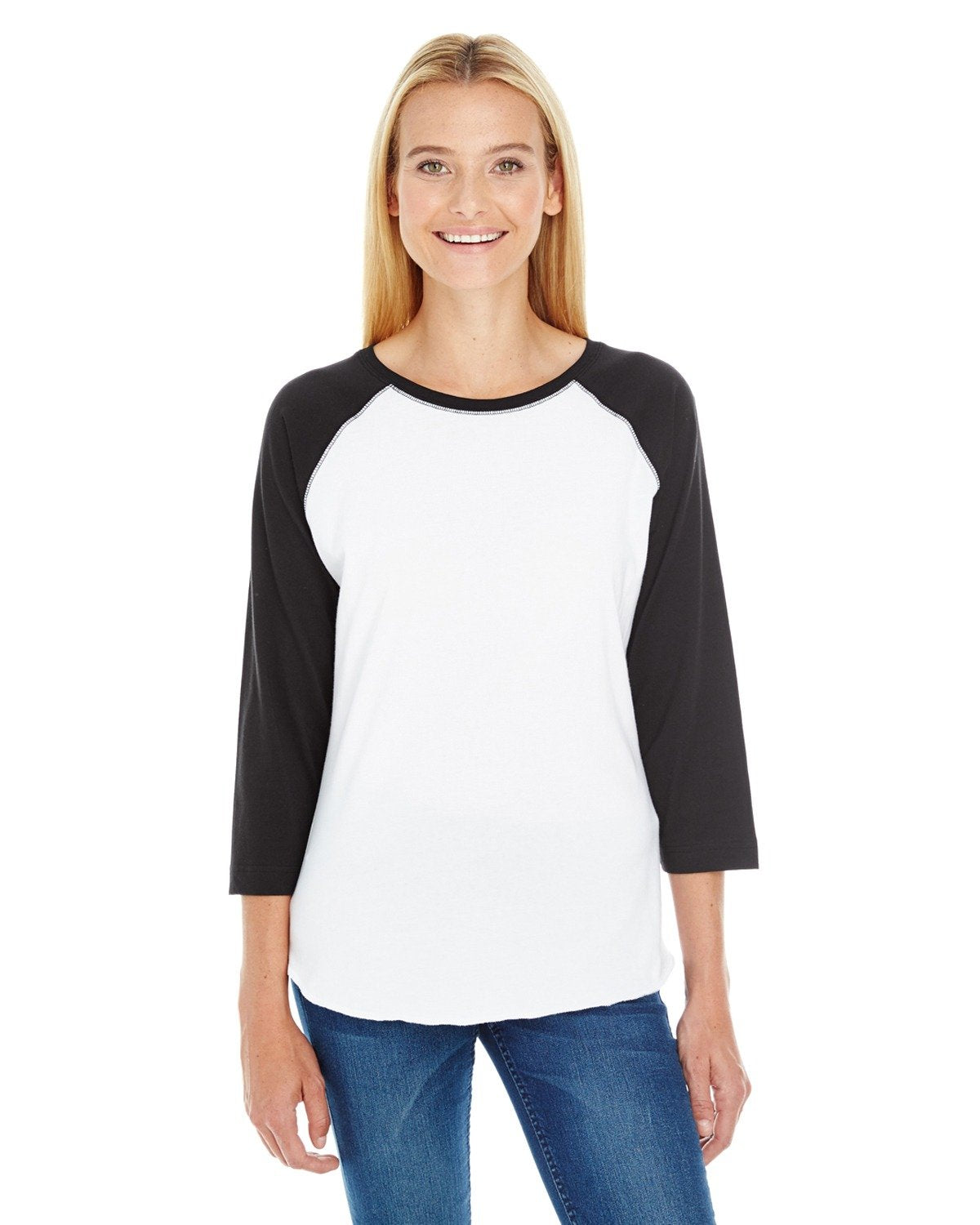 LAT Women Fine Jersey Raglan 3/4 Sleeve Baseball Tee (3530) White/Black, XL