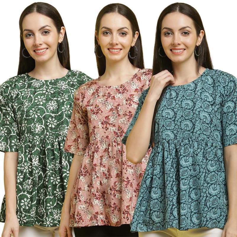 Pinkmint Women Combo Tunic Top For Women Ll Fancy Crape Girls TopS Ll Regular Fit Casual Top (Pack Of 3)