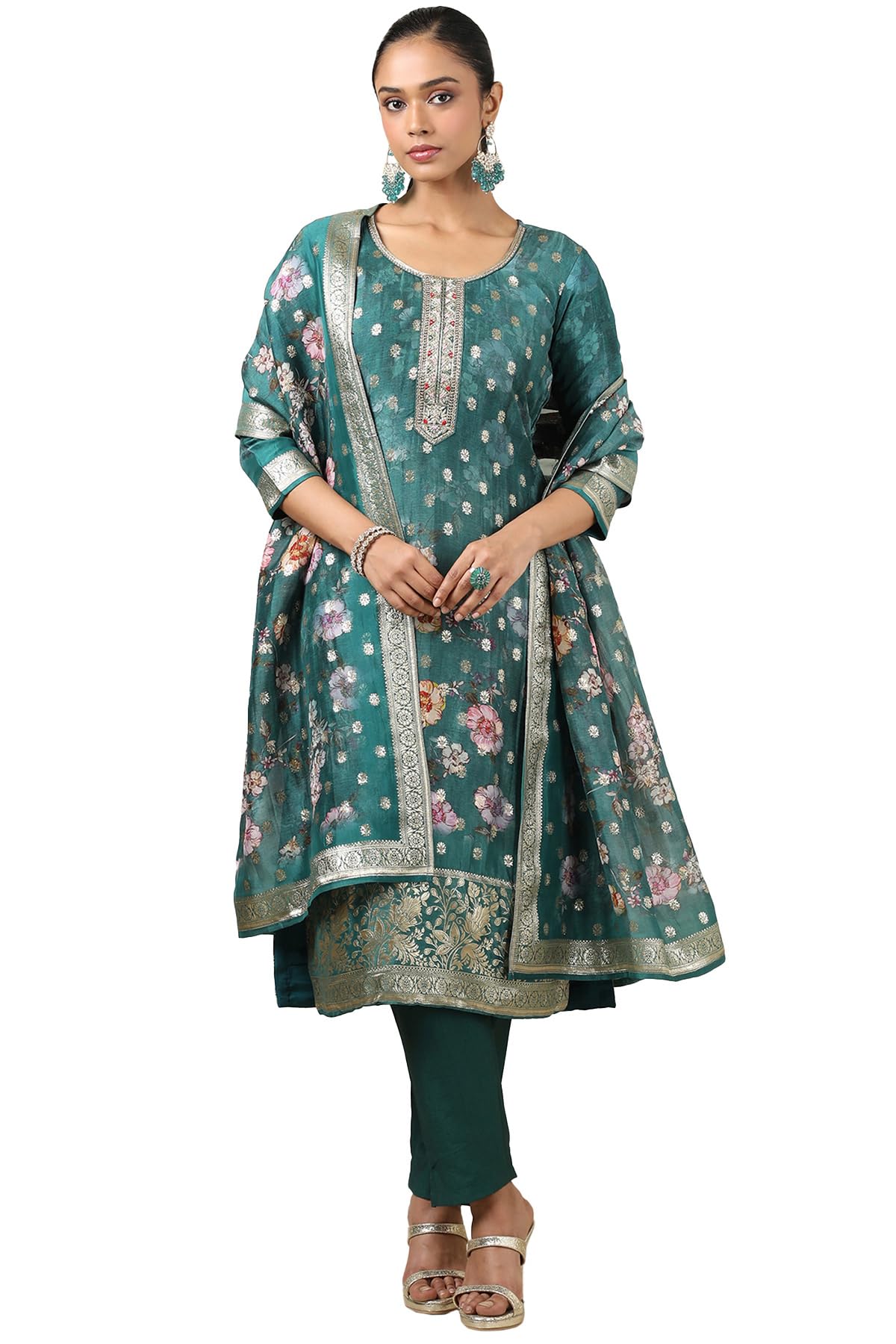 Soch Women Brocade Floral Print Zari Embellished Suit Set with Dupatta