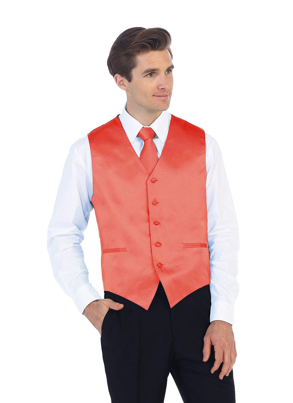 Men's Formal 4pc Satin Vest Necktie Bowtie and Pocket Square, Coral, X Small