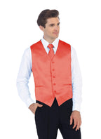 Men's Formal 4pc Satin Vest Necktie Bowtie and Pocket Square, Coral, X Small