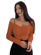 Sugathari Womens Orange Solid Colour Open Cold Off Shoulder Long Sleeve Lettuce Hem Casual Autumn Trim Tight-Slim Fitting Ruche