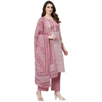 idaLia Womens Ethnic Wear Pink Printed Straight Cotton Kurta Set with Dupatta for Women
