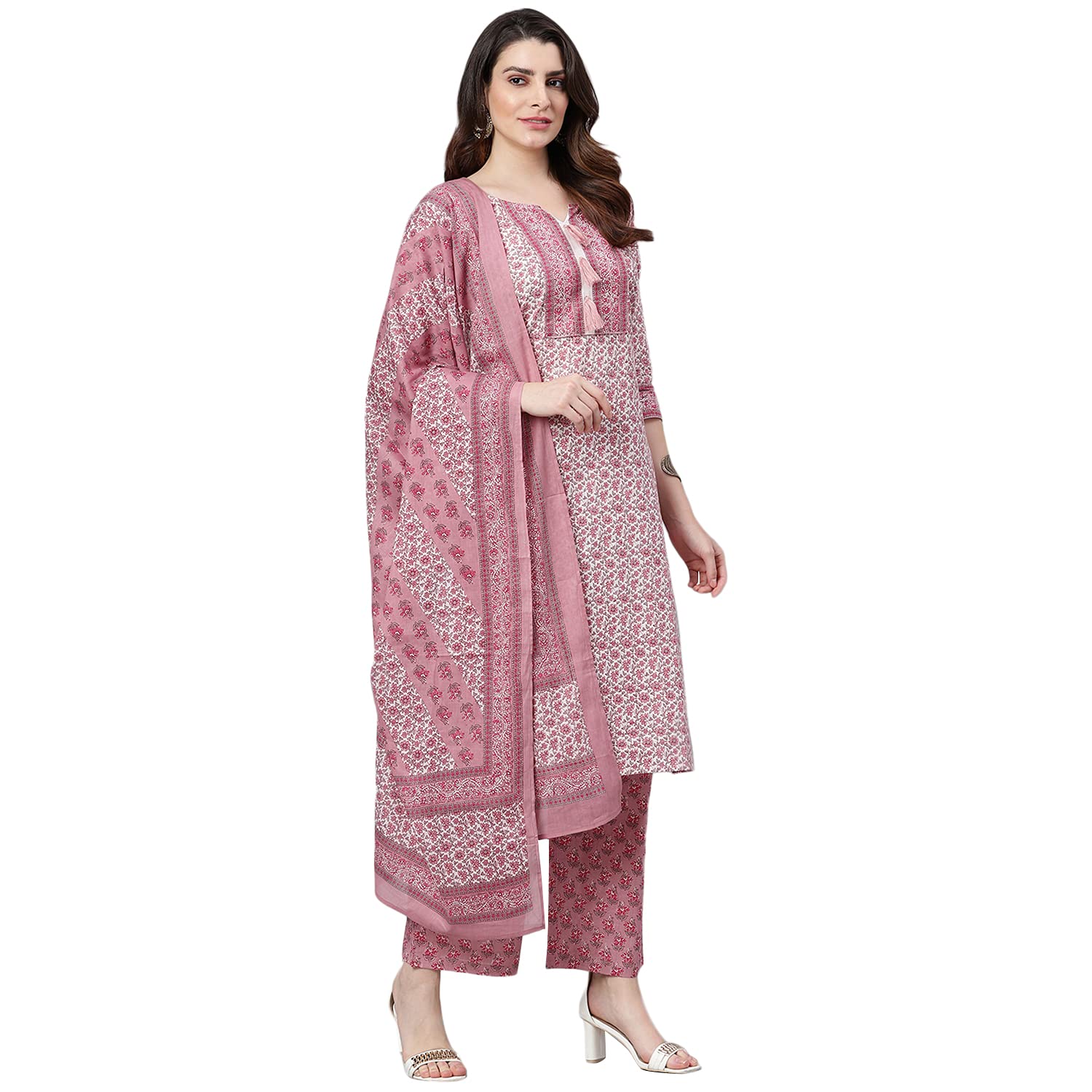 idaLia Womens Ethnic Wear Pink Printed Straight Cotton Kurta Set with Dupatta for Women