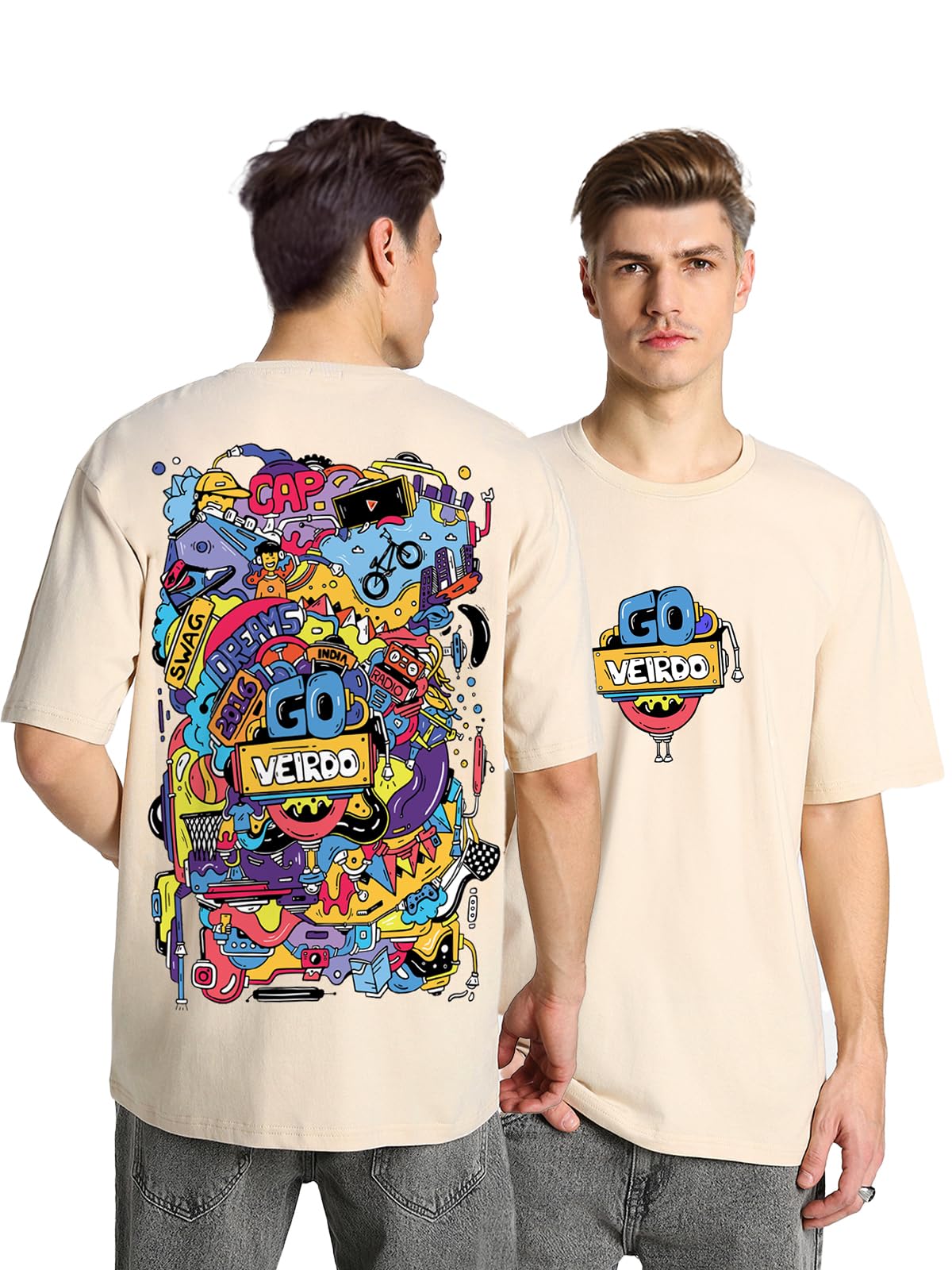 Veirdo Men's Oversized Baggy Fit Cotton Drop Shoulder Short Sleeve Aesthetic Back Doodle Graphic Printed T-Shi