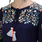 Ishin WomenS Rayon Navyn Blue Embroidered A-Line Top