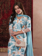 ANNI DESIGNER Ladies Cotton Blend Straight Print Cropped Trousers and Dupatta Kurta, Blue sky, XL