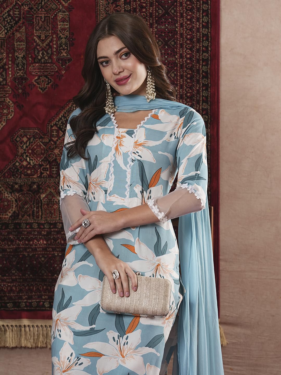 ANNI DESIGNER Ladies Cotton Blend Straight Print Cropped Trousers and Dupatta Kurta, Blue sky, XL