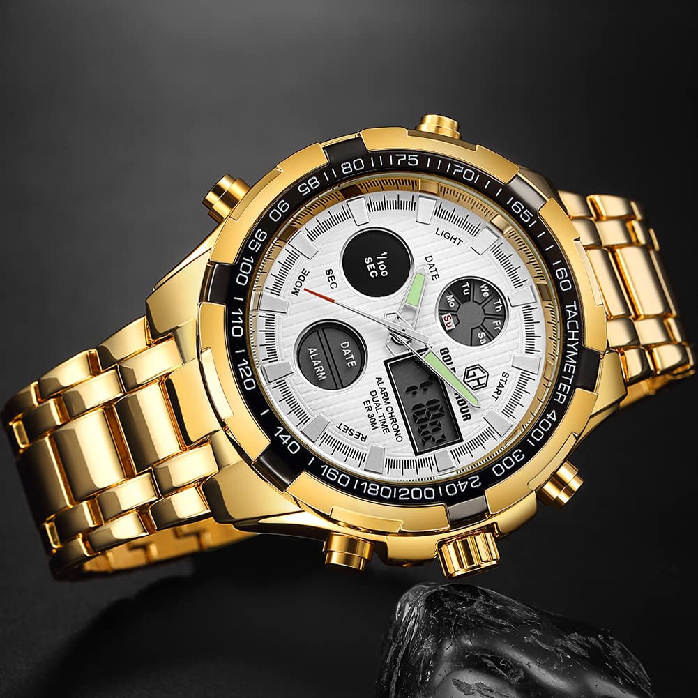 GOLDEN HOUR Luxury Stainless Steel Analog Digital Watches for Men Male Outdoor Sport Waterproof Big Heavy Wristwatch (Gold White