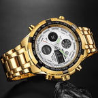 GOLDEN HOUR Luxury Stainless Steel Analog Digital Watches for Men Male Outdoor Sport Waterproof Big Heavy Wristwatch (Gold White