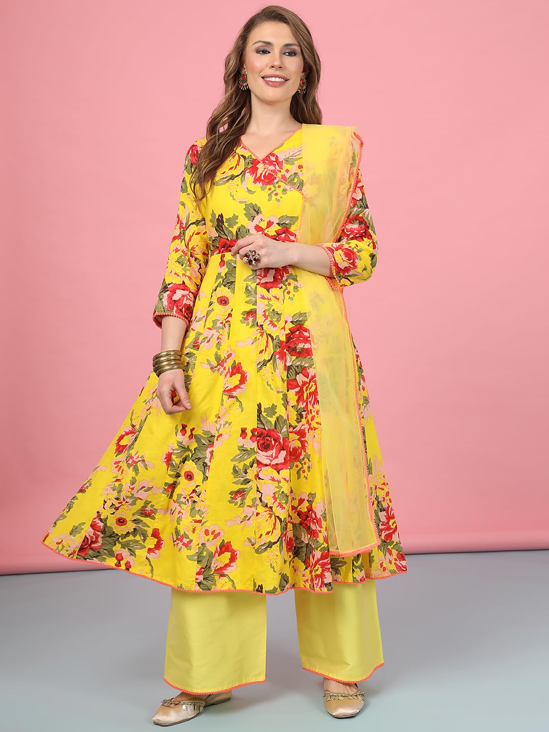 A.T.U.N. (All Things Uber Nice) Womens Floral Printed Angrakha Pure Cotton Kurta With Palazzos & Dupatta Set | Traditional Ethnic Wear Clothing Set