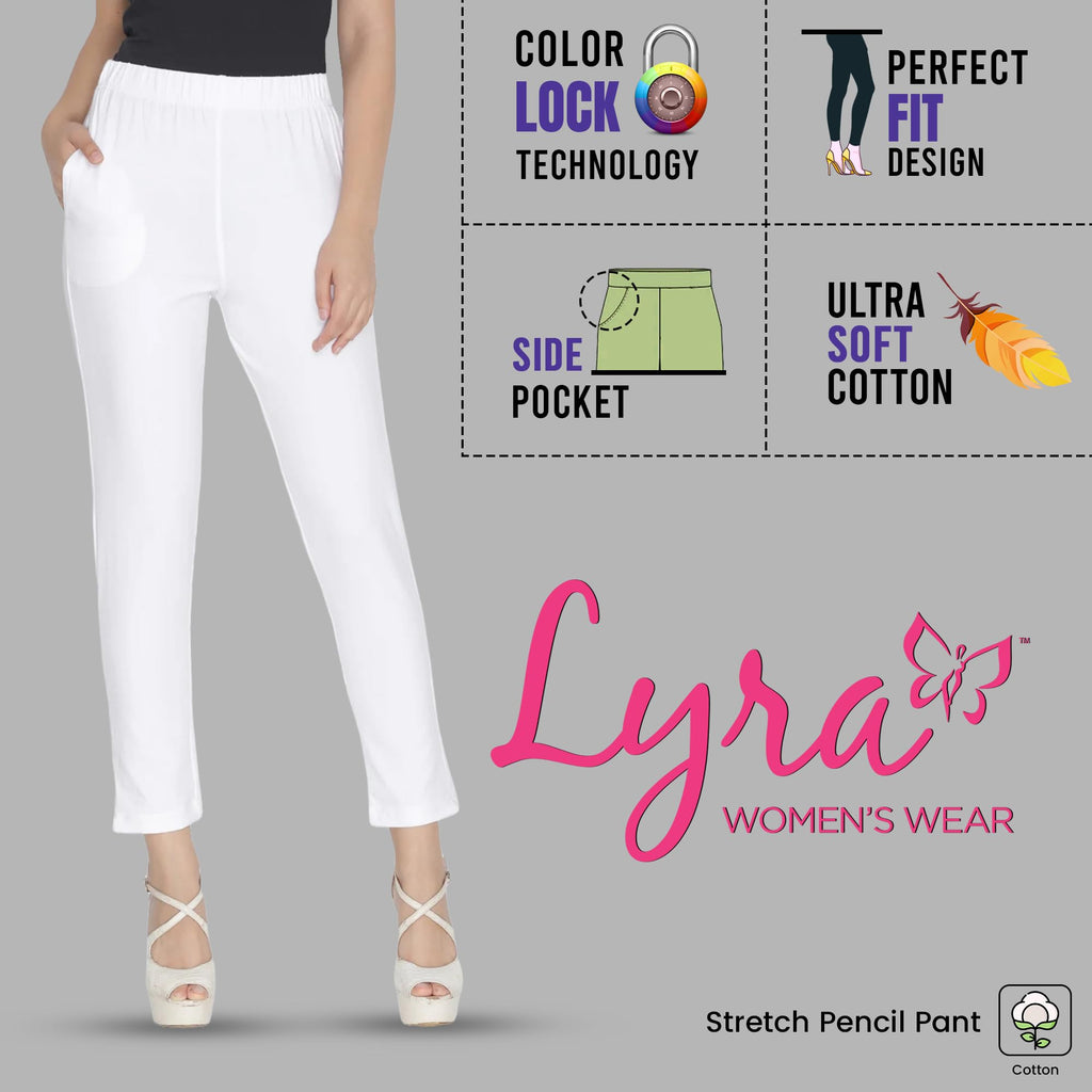 Lyra Cotton Strech Pencil Pant For Women | Mid-Waist | Fashionwear White