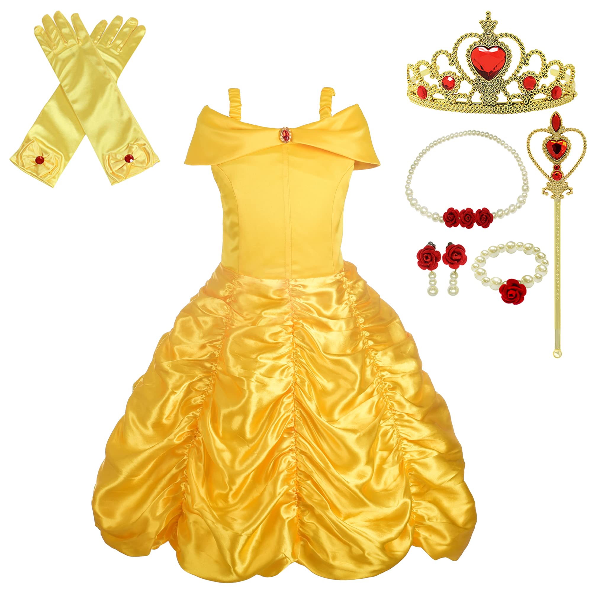 Dressy Daisy Girls' Princess Yellow Gold Ball Gown Birthday Party Fancy Dress Up Halloween Costume with Accessories Size 8-10