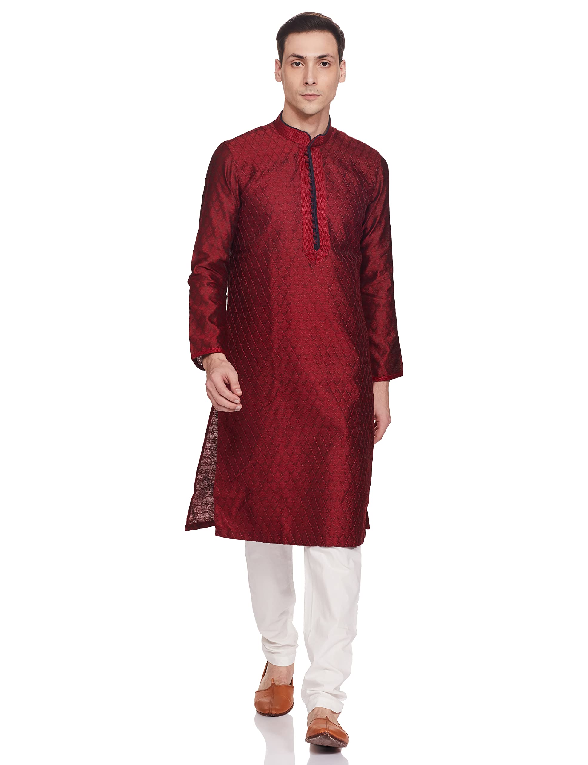 Manyavar Art Silk Mens Maroon Full Sleeve Regular Fit Self-Designed Kurta & Churidar Set, XX-Large Kurta (S952575 XL)