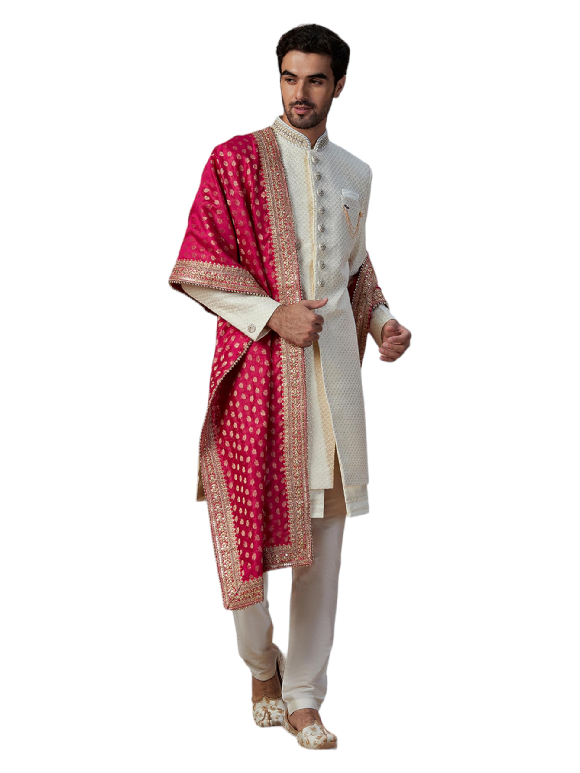 Manyavar Fiery Pink Jacquard Patterned Dupatta