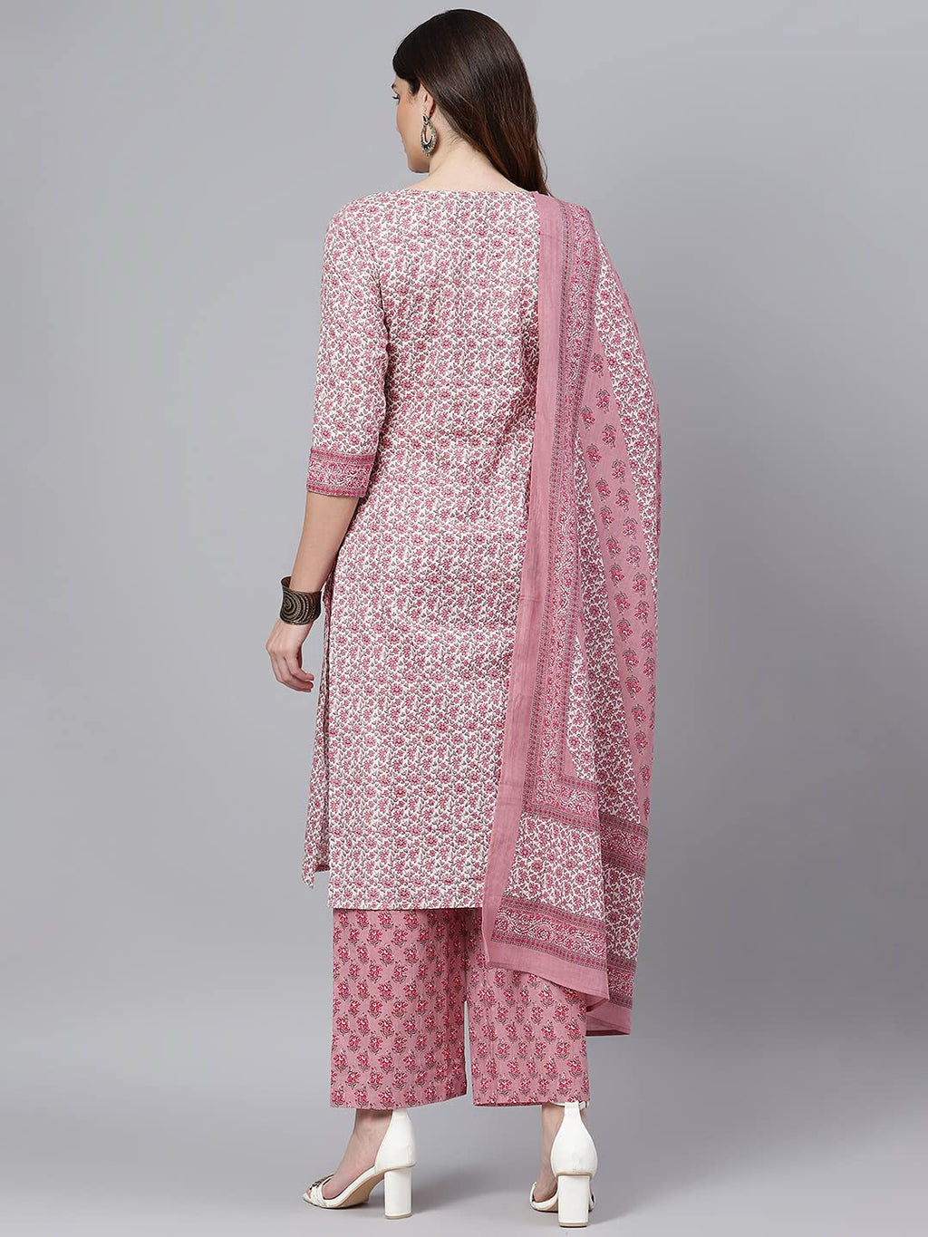 idaLia Womens Ethnic Wear Pink Printed Straight Cotton Kurta Set with Dupatta for Women