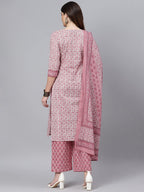 idaLia Womens Ethnic Wear Pink Printed Straight Cotton Kurta Set with Dupatta for Women