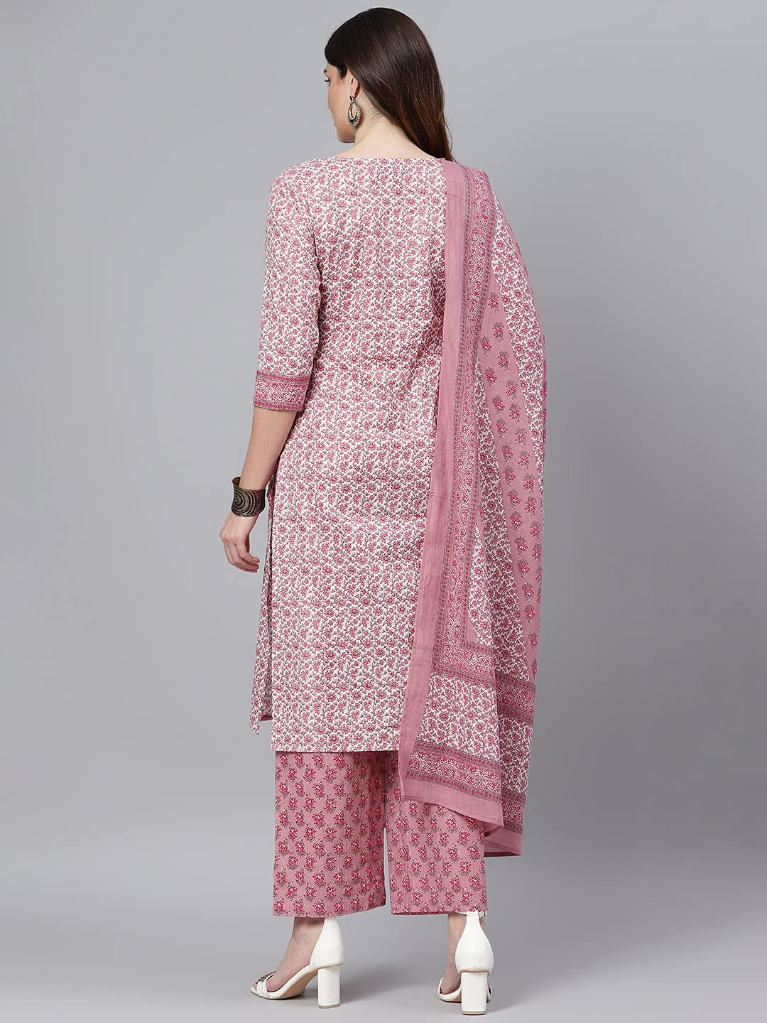 idaLia Womens Ethnic Wear Pink Printed Straight Cotton Kurta Set with Dupatta for Women