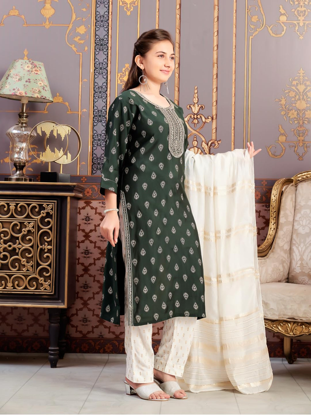 Aarika Girls Ethnic Wear Green Colour Foil Print Embroidery Silk Kurti-8-15 Years (Kurti-Sd-5974)