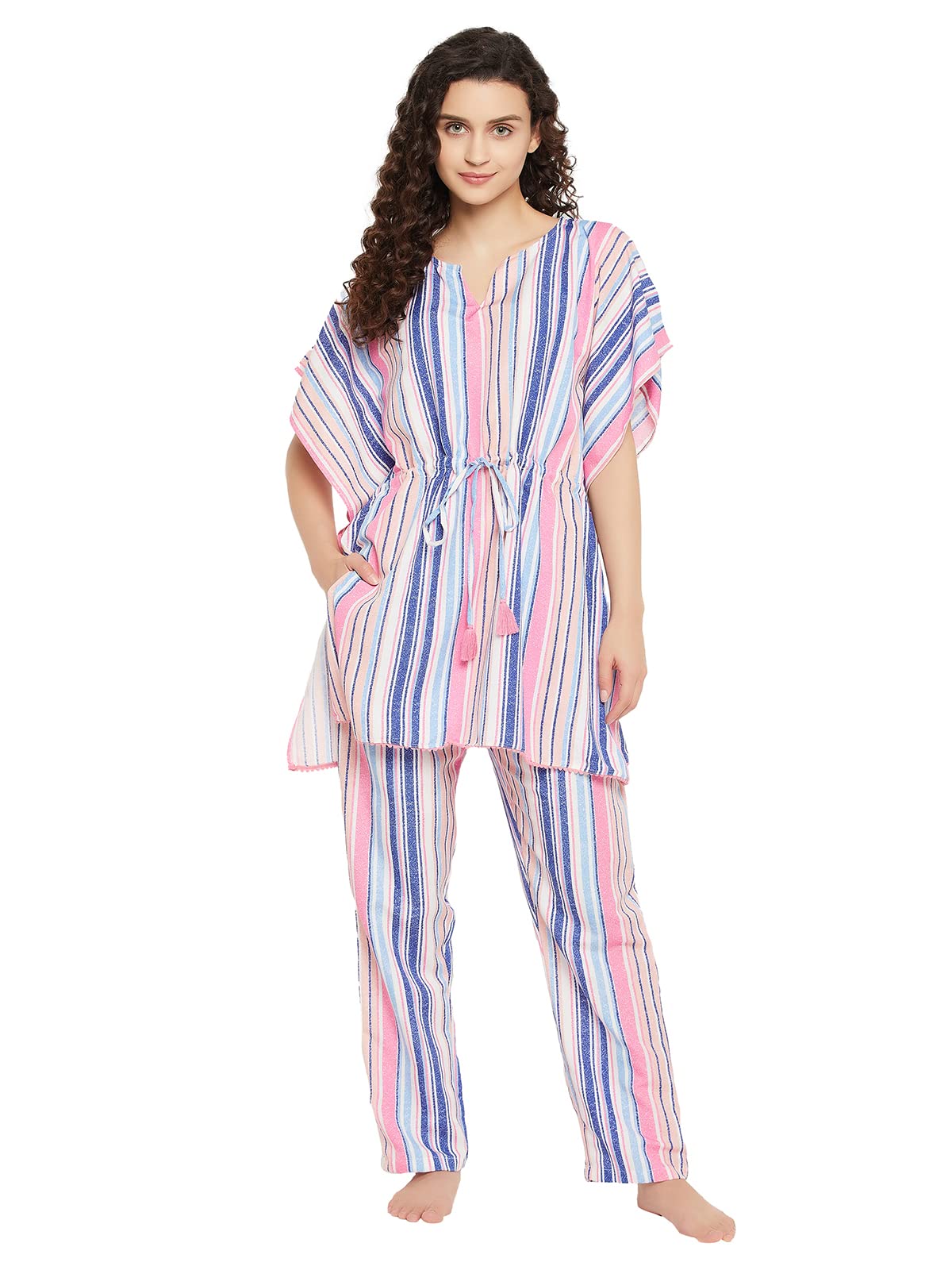 Clovia Womens Rayon Stripes Kaftan Top & Pyjama Set(LS0592P19_Multi_S) Multicolour