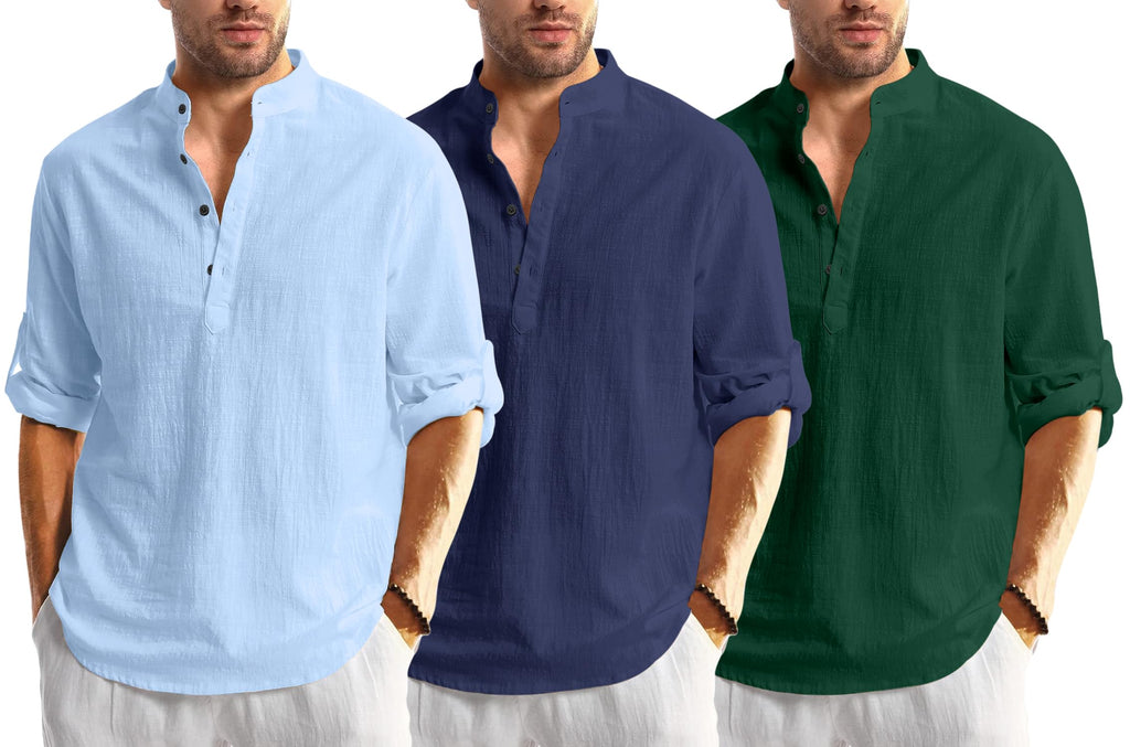 Bellstone Mens Cotton Blend Solid Regular Dress Shirt (KURTA1600_Triple_Sky-Navy-DarkGreen_M)