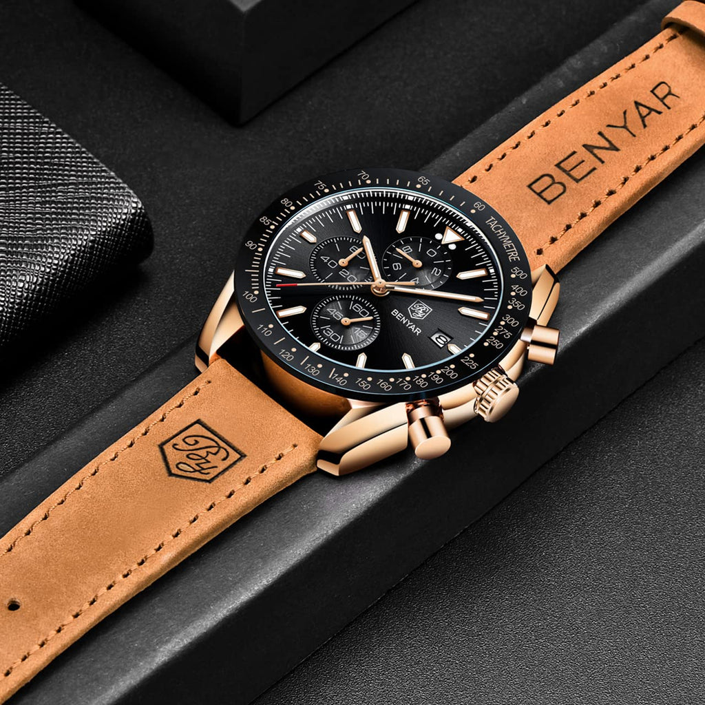 BENYAR Classic Fashion Quartz Chronograph Watch Casual Sport 30M Waterproof Leather Band Mens Watches (Brown-Black)