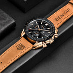 BENYAR Classic Fashion Quartz Chronograph Watch Casual Sport 30M Waterproof Leather Band Mens Watches (Brown-Black)