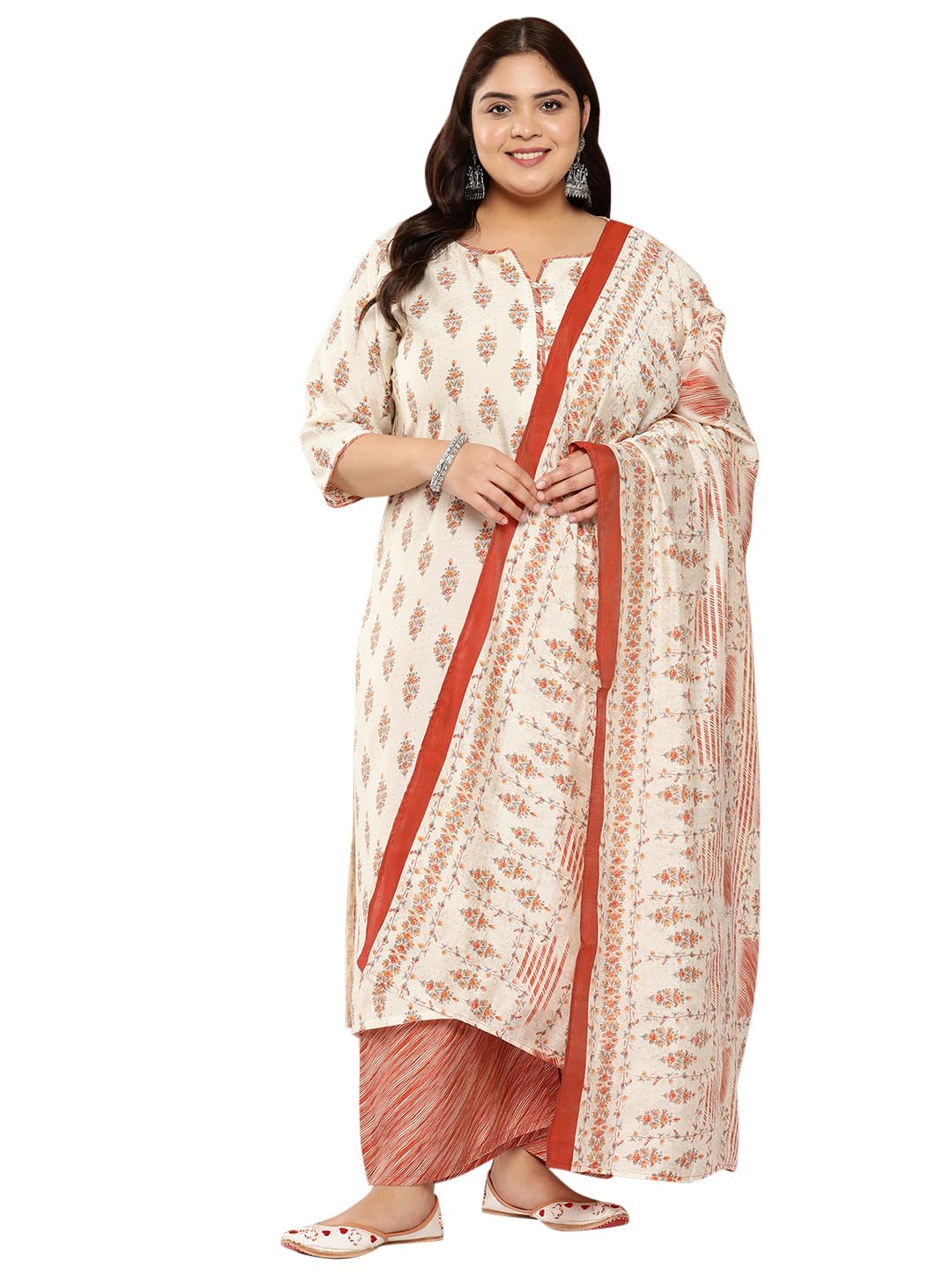Libas Plus Size Womens Printed Silk Blend Straight Kurta With Palazzos And Dupatta