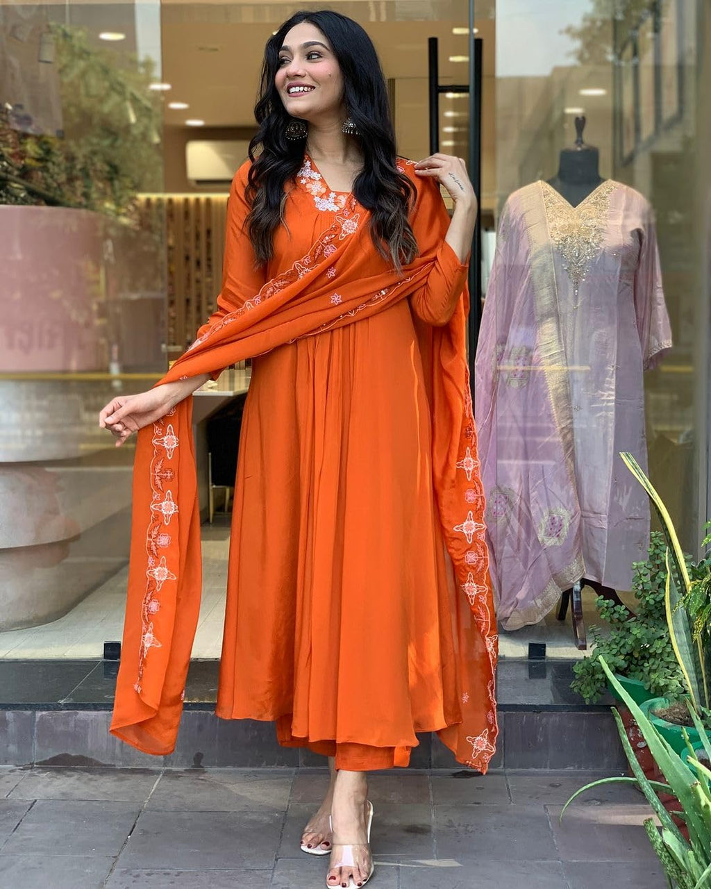ANNI DESIGNER Womens Rayon Blend Anarkali Thread Work Kurta with Pant & Dupatta (ASHVTHAMA Orange_5XL_Orange_XXXXX-Large)