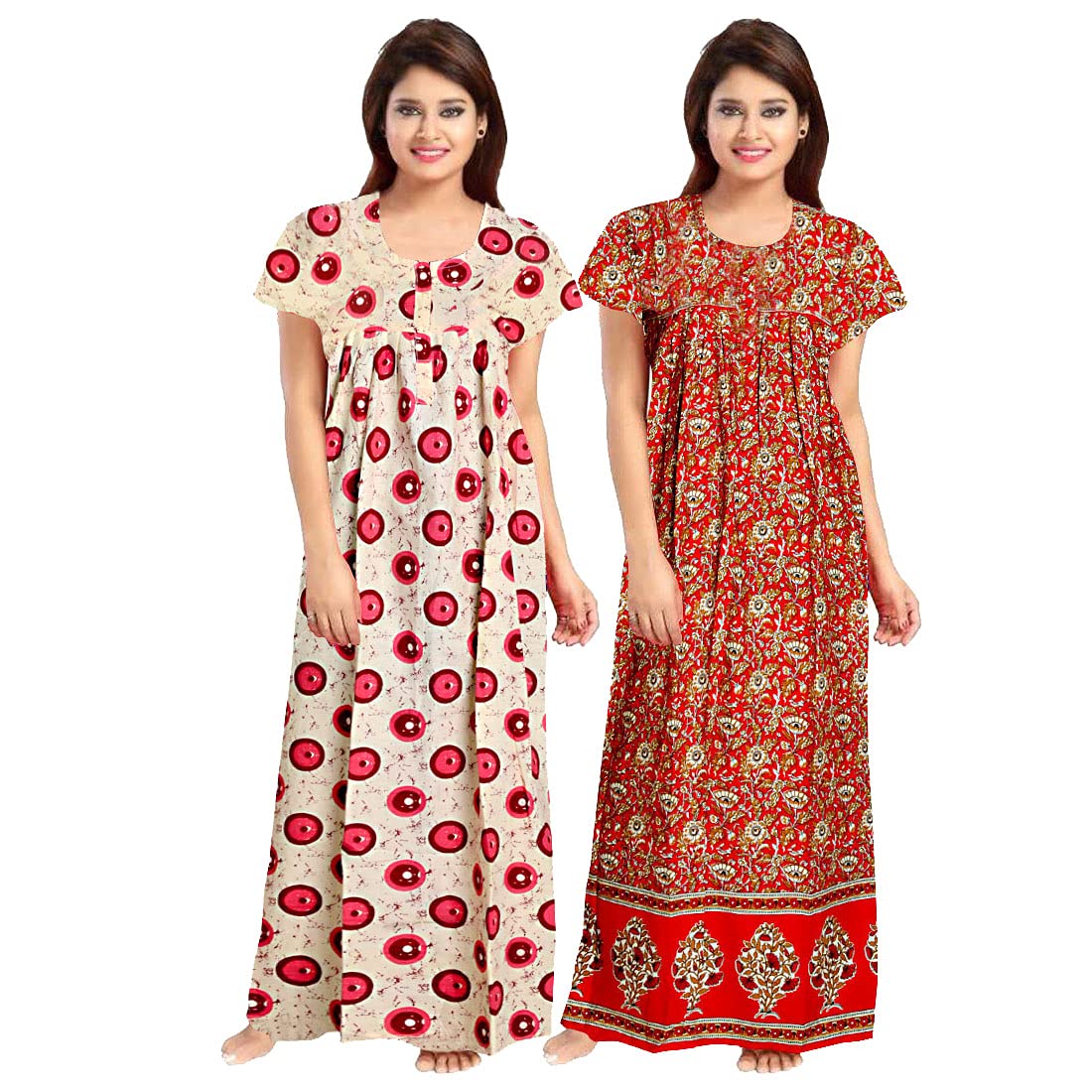 Gorangani WomenS Cotton Printed Regular Maxi Maternity Wear Nighties (Pack Of 2) Green,Orange