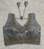 Vihu Fashion Womens Readymade Sleeveless blouseIndian Ethnic Designer Blouse Jimmy Choo Fabric Embroidered V Neck Blouse Back H