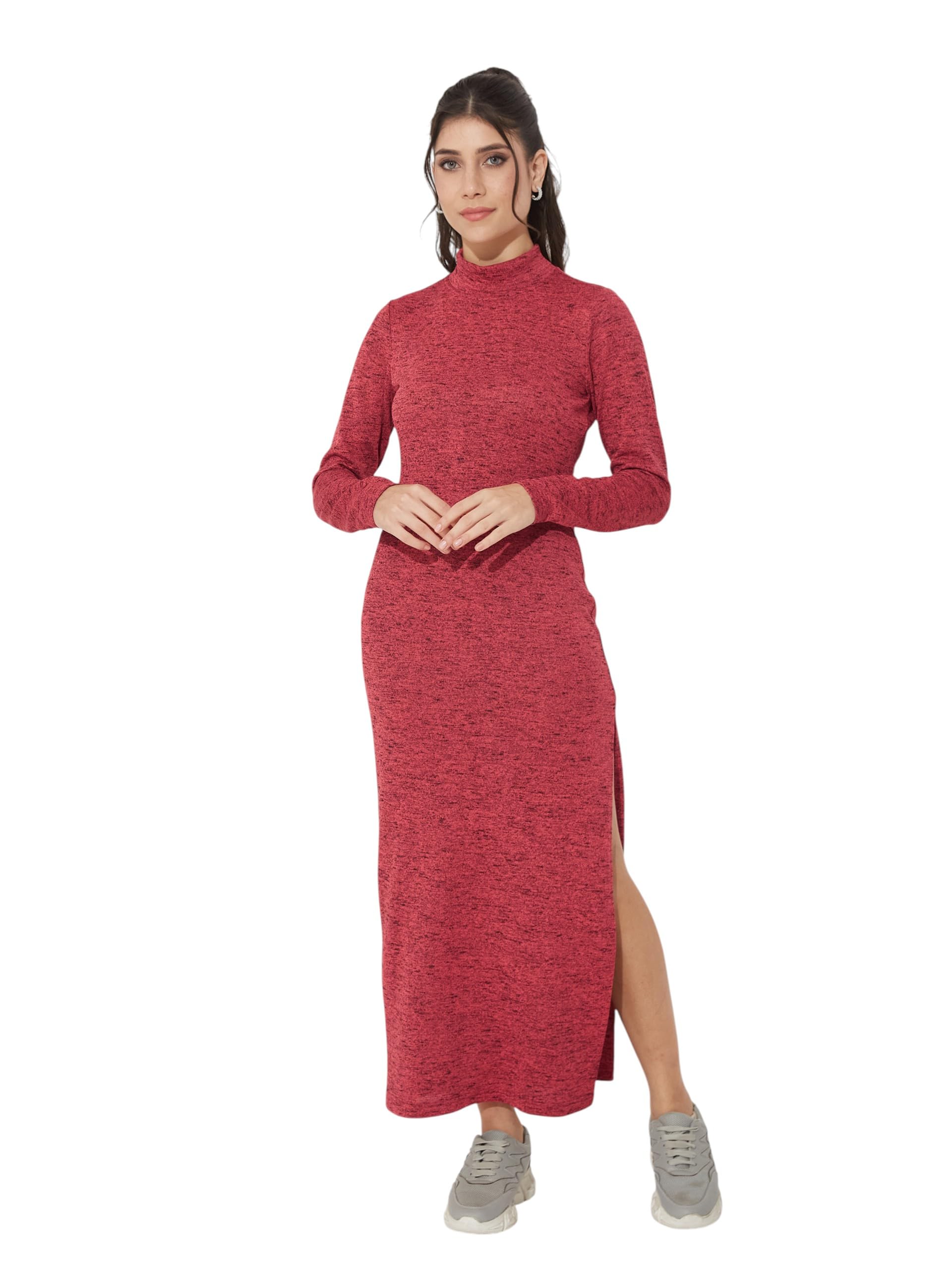Miss Chase Womens Mock Neck Full Sleeve Bodycon Maxi Cotton Dress (Mcaw25D21-12-143-06, Maroon, Xl)